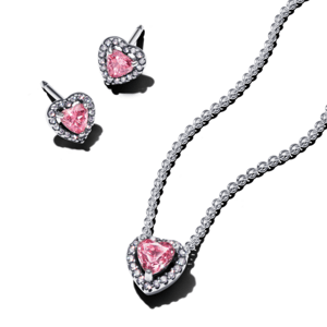 PANDORA strieborný set náhrdelník a náušnice Žiarivé ružové srdce 398425C02+298427C02